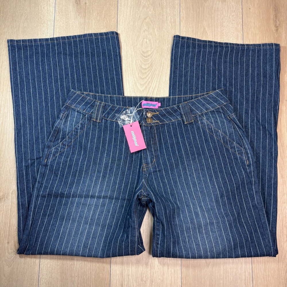 Edikted Blue Pinstripe Wide Leg Denim Jeans XL Y2K Style Baggy Trousers NWT